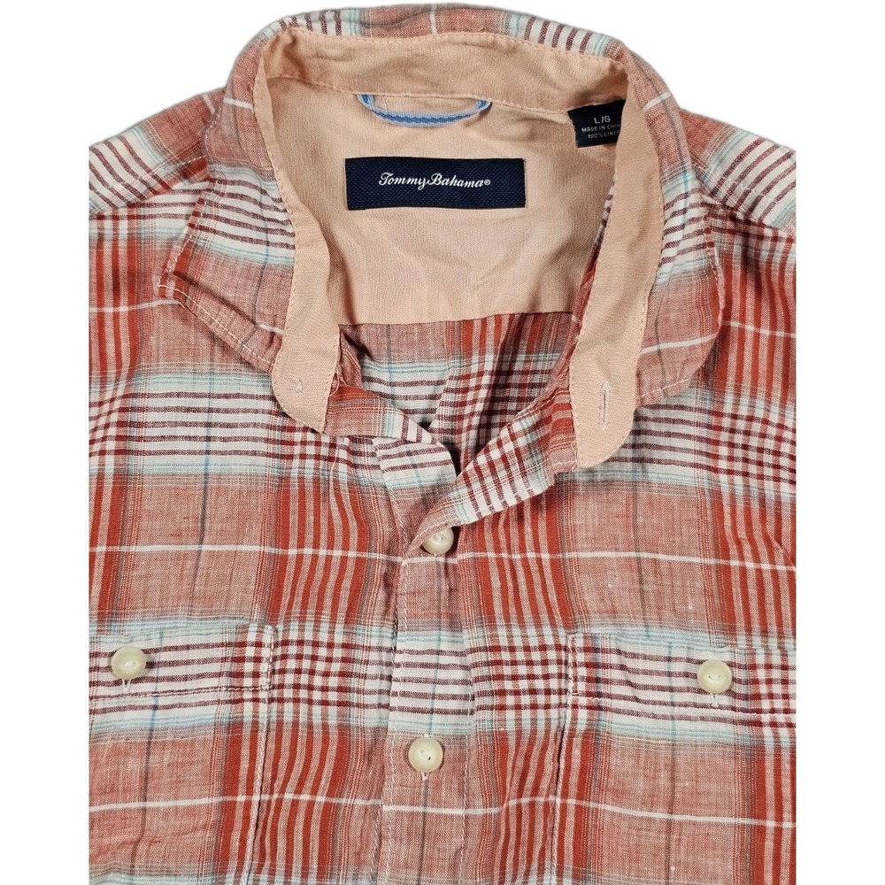 Tommy Bahama Island Modern Linen‎ Shirt Mens L Aqua Plaid Short Sleeve